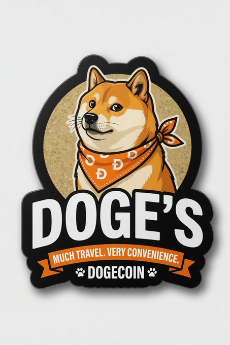 A die-cut sticker featuring the Shiba Inu "Doge" mascot wearing an orange Dogecoin-themed bandana, with the text "DOGE'S MUCH TRAVEL. VERY CONVENIENCE." and "DOGECOIN" flanked by paw prints. The image fits the cheerful morning greeting, offering Dogecoin-themed travel convenience wishes for a great day.