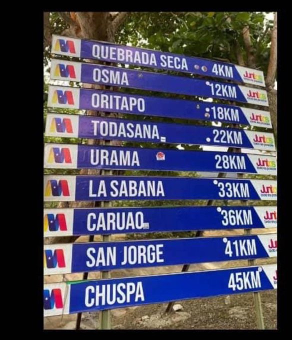 A blue directional signpost displays distances to coastal Venezuelan towns including Quebrada Seca (4KM), Osma (12KM), Oritapo (18KM), Todasana (22KM), Urama (28KM), La Sabana (33KM), Caruao (36KM), San Jorge (41KM), and Chuspa (45KM), highlighting the specific coastal communities in need of humanitarian aid as mentioned in the post.