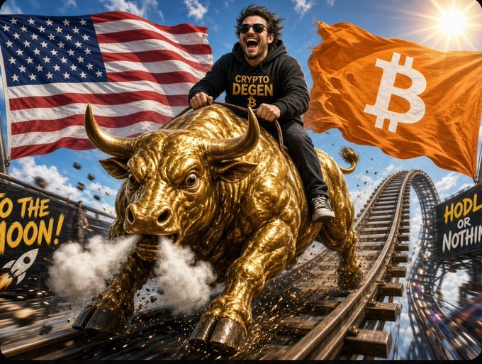 A meme-style image showing a man in a 'CRYPTO DEGEN' hoodie riding a golden bull on a roller coaster track, with an American flag and an orange Bitcoin flag in the background, along with text 'TO THE MOON!' and 'HODL OR NOTHIN'.