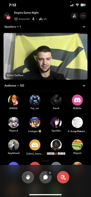 A mobile screenshot of a Clubhouse audio chat called 'Empire Game Night' in 'Empire Hall' with one speaker ('Emko | Sofflare') and an audience of 122 participants visible as profile icons.