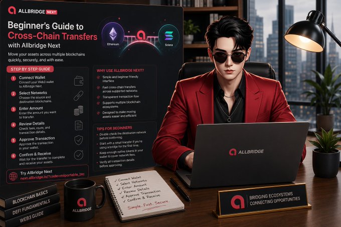 A promotional graphic titled 'Beginner's Guide to Cross-Chain Transfers with Allbridge Next,' featuring a man in a red blazer at a laptop alongside step-by-step instructions, a checklist, and logos for Ethereum and Solana.