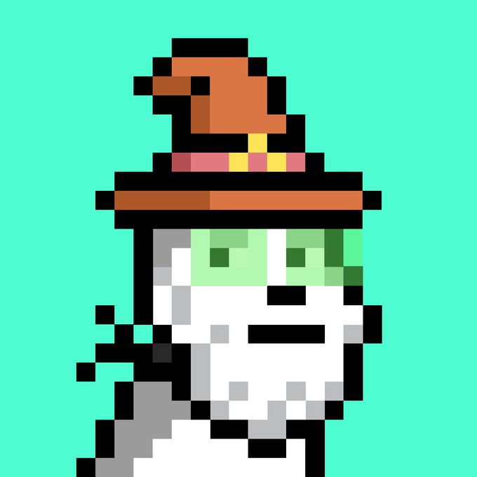 A pixel art illustration of a wizard with green skin, a white beard, and a brown pointed hat with pink and yellow trim against a teal background, visually representing the "wizard" character from the Doginal Dogs meme coin referenced in the post.