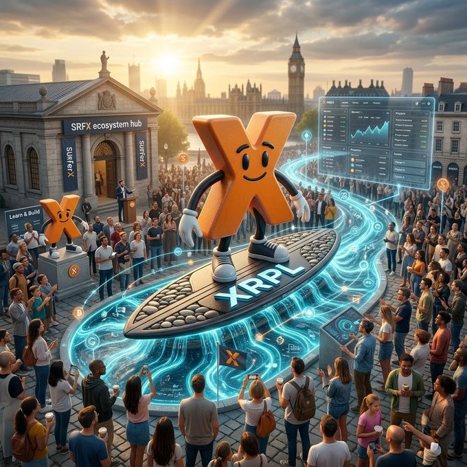 The image features a large crowd of people gathered around an orange X character that appears to be surfing on a wave. The crowd consists of at least 15 individuals who seem to be engaged with the scene, possibly watching or participating in the event. The setting is outdoors and includes buildings visible in the background, suggesting it could be a cityscape.

The post about @SurferXHubXRPL seems to be related to the image as there are several mentions of transactions taking place on this platform. This might indicate that the crowd has gathered for an event or demonstration involving the XRPL currency or blockchain technology. The people in the image appear to be interested and engaged, which further supports the idea that they are attending a relevant event or gathering related to the XRPL project.
