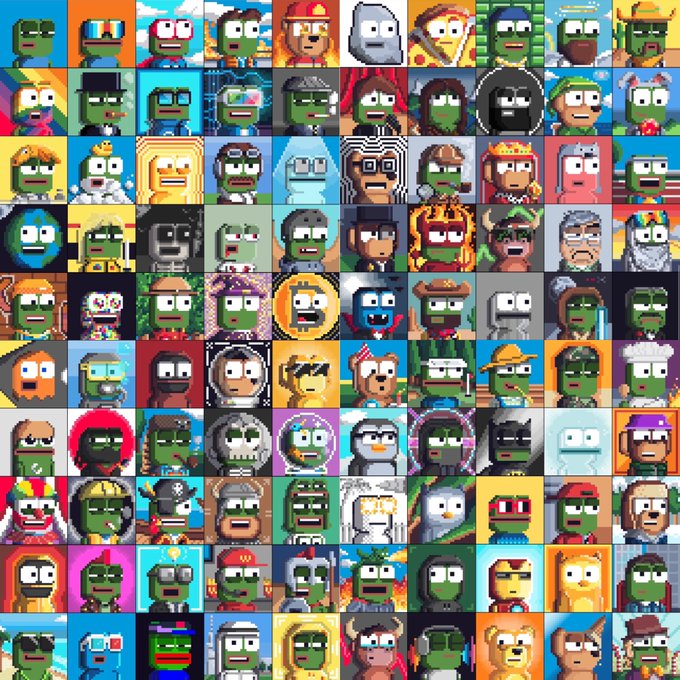 A grid showcasing 100 pixel-art PFP NFT characters with diverse traits, accessories, and backgrounds, representing the Boldinals collection minted on Ordinals via Magic Eden in 2024.