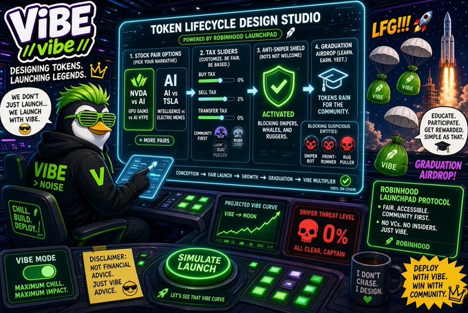 A colorful infographic for 'VIBE' showing a 'TOKEN LIFECYCLE DESIGN STUDIO' powered by Robinhood Launchpad, featuring a penguin mascot and the warning 'LFG!!!' with rocket imagery.