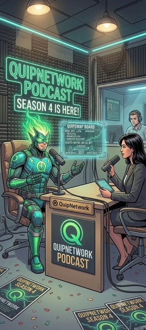A promotional illustration for the 'QuipNetwork Podcast Season 4' featuring a green, flame-headed alien superhero character being interviewed by a woman holding a microphone at a podcast desk, with flyers scattered on the floor.