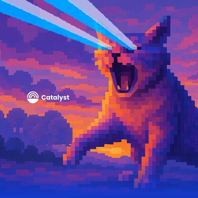 A pixel art image showing a roaring lion or feline creature with glowing orange and purple colors, with the 'Catalyst' logo and text in the center left.