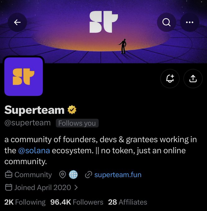 Screenshot of the verified Superteam (@superteam) X profile, a Solana ecosystem community of founders, devs, and grantees with 96.4K followers, having joined April 2020 — explaining why the user is excited about Superteam following them as a potential signal of bullish Solana momentum.