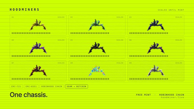 A webpage for 'HOODMINERS' on a bright yellow-green background displaying 9 sealed NFT cards numbered #1-#9, with ERC-721 and ERC-6551 labels, a 'SEAM - BITCOIN' tag, and text reading 'One chassis.' and 'SEALED UNTIL MINT'.
