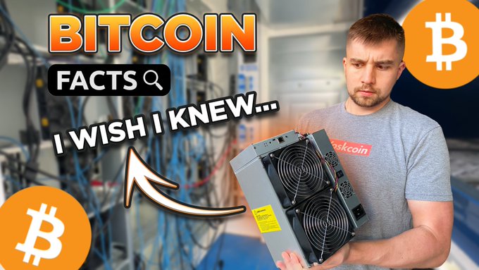 A YouTube-style thumbnail with text 'BITCOIN FACTS I WISH I KNEW...' showing a man holding a Bitcoin mining machine, with Bitcoin logos and the 'askcoin' brand visible.