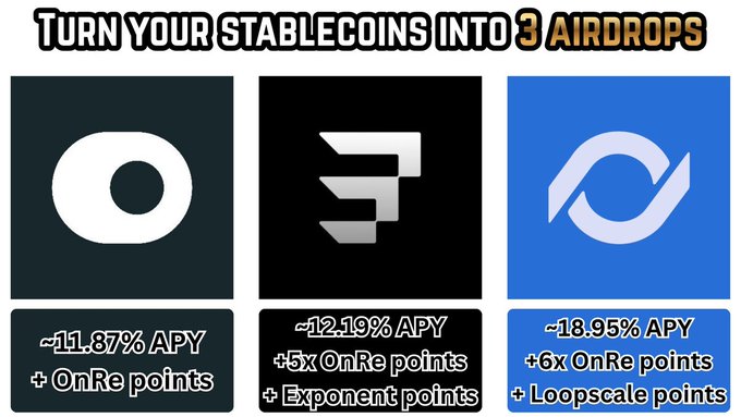 The image shows three different logos for stablecoins, with one being a black square containing an arrow pointing towards another black square that has a blue circle with a white "O" inside of it. The third logo is a blue square with a white "O" on top and a gray "E" below it. The text in the image reads: "Turn your stablecoins into 3 airdrops".