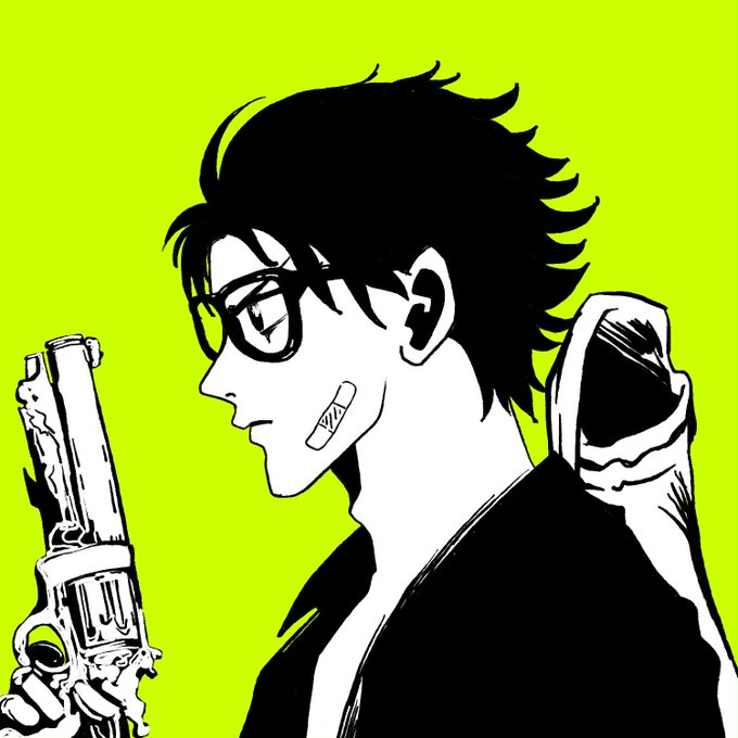 The image shows a stylized black-and-white anime-style illustration of a bespectacled character with spiky hair, a bandage on their cheek, and a backpack, holding a revolver against a bright neon yellow background. It pairs with the post as a dramatic, edgy visual announcing the "TageSage" mint on Robinhood EVM, with the character depicted as a sharpshooter ready to fire—symbolizing the "gates are opened" call-to-action to apply via the listed link.