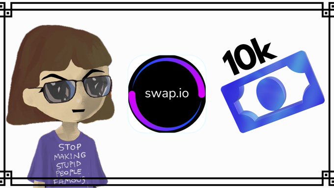 A cartoon avatar of a woman wearing sunglasses and a purple 'STOP MAKING STUPID PEOPLE FAMOUS' t-shirt, shown alongside the swap.io logo and a '10k' milestone graphic.