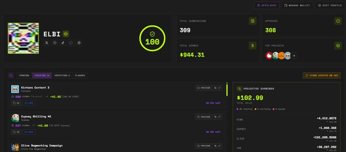 A digital dashboard showing analytics for a user called 'ELDI' with 100 followers, 309 total submissions, 308 approved, and projected earnings of $102.99.