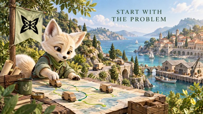 A fantasy illustration of a cute anthropomorphic fox character studying a map with toy trucks, overlooking a coastal Mediterranean village. Text at the top reads 'START WITH THE PROBLEM'.