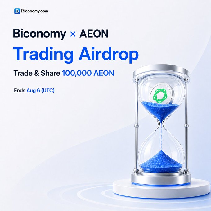 A promotional graphic for 'Biconomy × AEON Trading Airdrop', inviting users to trade and share to win 100,000 AEON, ending Aug 6 (UTC), featuring an hourglass with blue sand and the Biconomy logo.