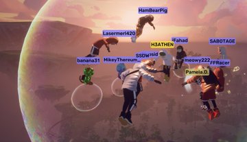 The image shows a group of people playing a video game together, with one person jumping into the air while holding a banana. There are several other players visible in the scene as well. The post mentions that they had a great time at an event on Thursday night and thanks to @TheMrHeathen for sharing their experience.