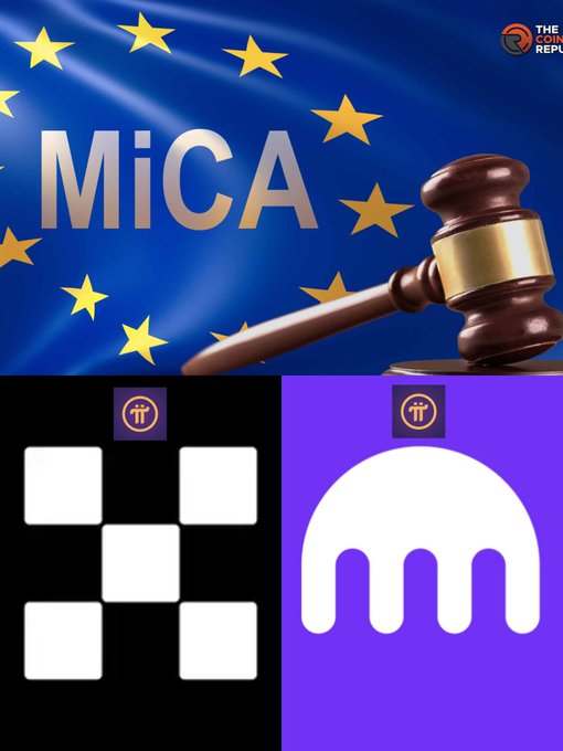 The image shows the EU flag with "MiCA" text and a gavel (symbolizing regulation), alongside the Pi Network logo and what appears to be the OKX exchange logo. The caption connects to the post's message about Pi Network's selective KYB process being justified by upcoming EU regulations like MiCA, with the gavel and regulatory imagery suggesting that strict compliance standards will soon become the industry norm rather than an obstacle.
