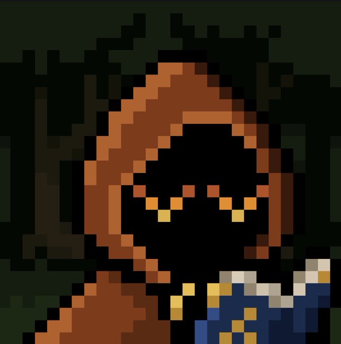 A pixelated portrait of a hooded figure with glowing orange eyes, accompanied by another character with blue and white clothing, against a dark forest backdrop, matching the "Chain Mancer" theme through its dark fantasy aesthetic.