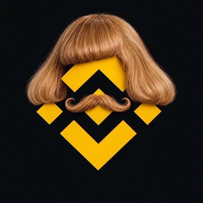 A creative graphic features a brown bobbed wig and mustache placed over the yellow Binance cryptocurrency logo on a black background.