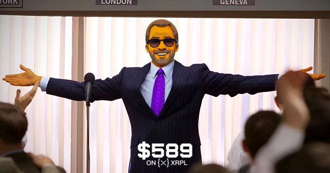 A confident animated figure in sunglasses and a purple tie stands with arms outstretched at a podium, with "LONDON" and "GENEVA" city signs above and "$589 ON [X] XRPL" displayed below, capturing XRP's iconic price moment celebrated across the global crypto community.
