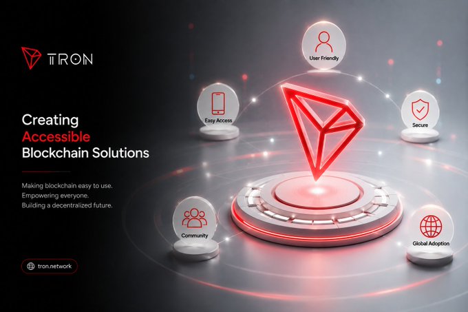 A promotional graphic for TRON blockchain with the tagline 'Creating Accessible Blockchain Solutions' and features like User Friendly, Easy Access, Secure, Community, and Global Adoption around a glowing red TRON diamond logo.