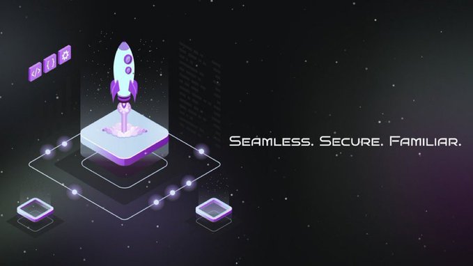 A stylized purple rocket launches from a glowing isometric platform against a starry space backdrop, accompanied by the tagline "Seamless. Secure. Familiar." The futuristic imagery visually echoes the post's prompt by symbolizing Web3's upward journey and the lessons its community has gleaned along the way.