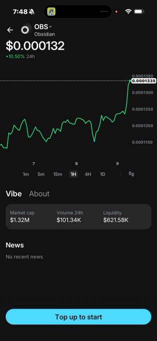 A mobile crypto app screen showing the price of Obsidian (OBS-) at $0.000132, up 10.50% in 24 hours, with a market cap of $1.32M.