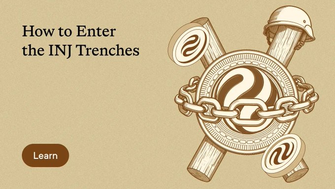 A graphic illustration with a beige background titled "How to Enter the INJ Trenches," featuring a stylized emblem of wooden posts, chains, and a hard hat surrounding a question mark, with a "Learn" button below.