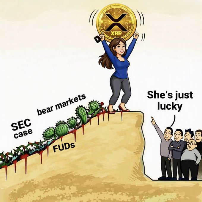 A satirical cartoon depicting a woman holding up an XRP coin triumphantly on a cliff edge while cacti labeled 'SEC case,' 'bear markets,' and 'FUDs' grow along a path of blood, with onlookers commenting 'She's just lucky.'