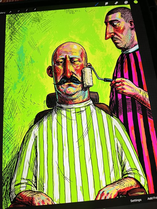 A digital illustration displayed on a screen showing a barber with a striped cape applying shaving cream to a seated customer's face against a bright green background.