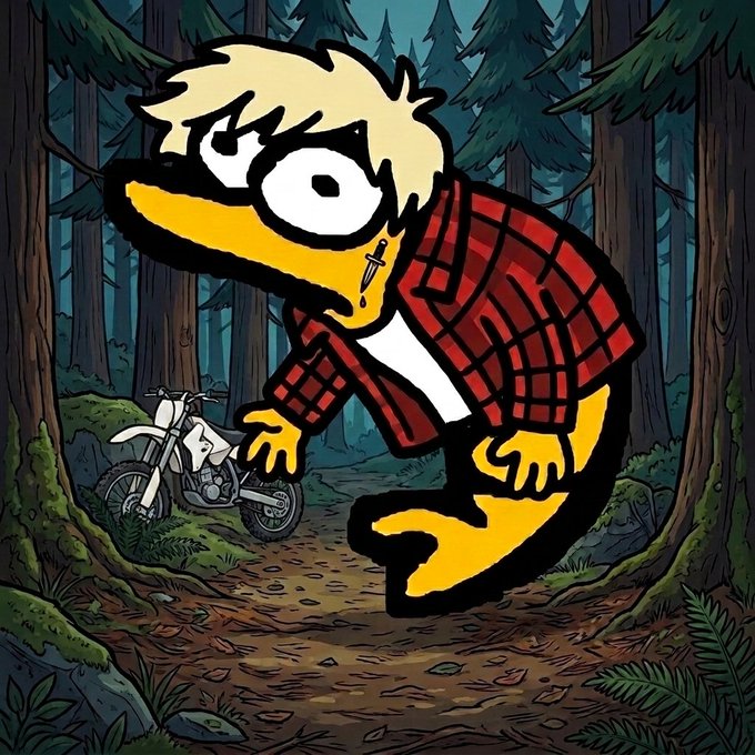A cartoon illustration depicts a yellow duck-like character with blonde hair wearing a red plaid flannel shirt, standing in a forest setting with a dirt bike in the background.