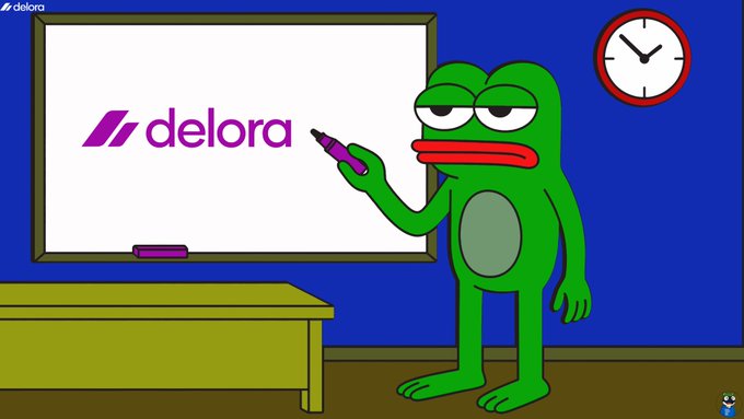A green Pepe-style frog character stands in a classroom holding a marker next to a whiteboard displaying the purple "delora" logo.
