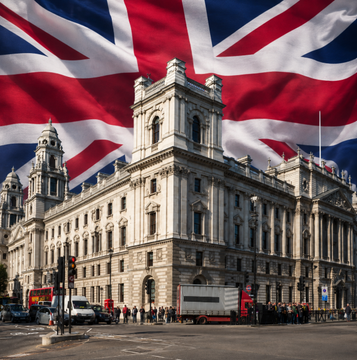 The UK government is intensifying its crackdown on unpaid crypto taxes, with HMRC's disclosure facility netting over £8 million from 502 investors as Treasury targets climb to £315 million. The image of a grand London building beneath a Union Jack underscores the gravity of this nationwide enforcement drive.