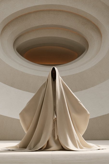 A robed figure draped in flowing cream-colored fabric stands centrally beneath concentric circular ceiling recesses, evoking the contemplative essence behind "Knowledge is power." The image's mysterious, reverent composition suggests wisdom or enlightenment, with the hooded silhouette resembling a scholar or sage hidden within the folds of knowledge.