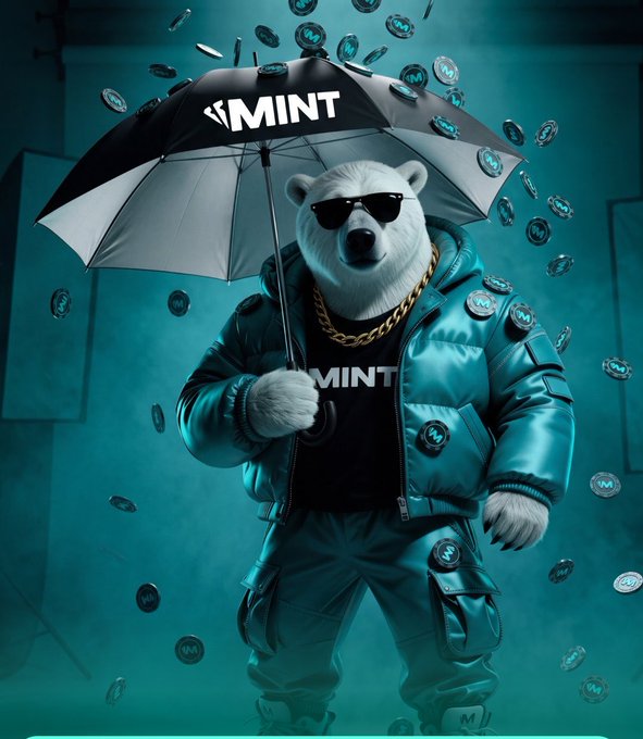 A digital illustration of an anthropomorphic polar bear wearing sunglasses, a gold chain, and a teal puffer jacket, holding an umbrella branded with "MINT" while coins float around it.