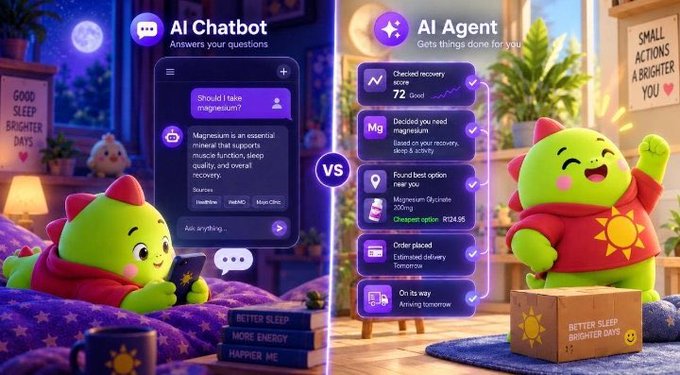 A comparison illustration between an 'AI Chatbot' that answers questions and an 'AI Agent' that gets things done, featuring a cute green character in both scenarios.