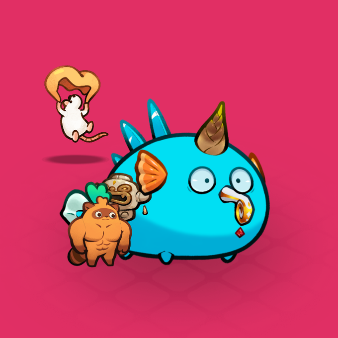 A cartoon illustration on a pink background featuring a large blue monster with a horn, alongside a small white mouse, an orange character, and what appears to be a small figure in armor.