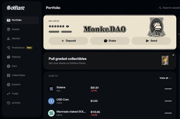 A software dashboard for 'MonkeDAO' displaying a portfolio view with options to Deposit, Stake, and Send, along with a portfolio breakdown showing Solana at $51.01, USD Coin at $1.00, and Marinade staked SOL at $13.86.