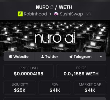 A dashboard showing the NURO/WETH token pair on Robinhood and SushiSwap V3, featuring the nuro.ai logo over a background of GPUs, with key metrics: price $0.000004198 (0.0₈1589 WETH), liquidity $25K, FDV $41K, and market cap $41K. The accompanying post about "$NURO Private inference + contributed GPUs" aligns with the image's visual theme of GPU hardware, reflecting NURO's focus on decentralized AI inference powered by community-contributed GPU resources.