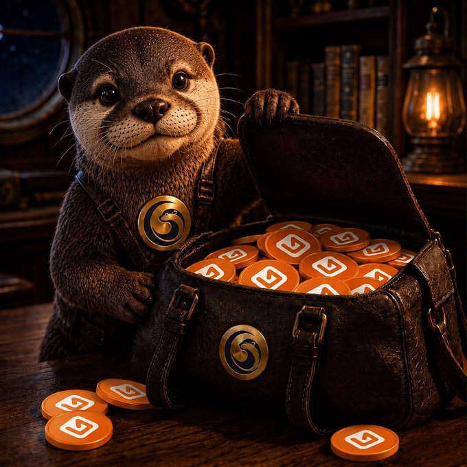 An adorable otter holds open a leather satchel overflowing with orange "G" tokens, while wearing a matching "G" emblem on its vest, set against a cozy book-lined study. The recurring "G" logo across the bag, vest, and coins symbolizes a hidden treasure of "G's"—a playful nod to the post's cryptic "You know what it means."