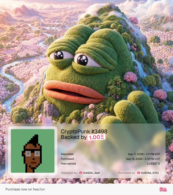 A digital art piece for CryptoPunk #3498 backed by 1.00, featuring a pixelated punk character against a lush green mountain landscape, with deposit and purchase details on fwa.fun.