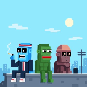 Pixel art illustration featuring three blocky characters— one in a suit with a US flag hat smoking, a green Hulk-like figure, and a bald brown character— sitting on a rooftop ledge against a city skyline under a sun.