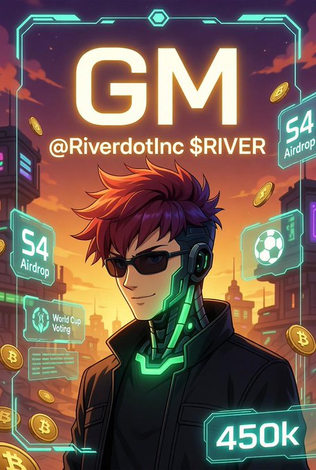 The image features a man with red hair wearing sunglasses standing against an orange sky, surrounded by various objects such as coins and buildings. The text "GM GM" is prominently displayed at the top of the image. Below this, there are several other texts related to gaming elements like "RIVER $RIVER", "S4 Airdrop live", "World Cup Voting Challenge with 450k pts pool", and "seamless stablecoin spends". These texts suggest that the man in the image is a character from a video game or an online platform, possibly participating in a gaming event or competition.