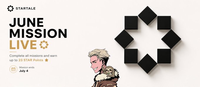 The image features a poster for an event called "June Mission Live", which appears to be a live streaming event where people can watch others complete missions and earn points or rewards. The poster includes a cartoon character, likely representing the host of the event, who is standing in front of a black and white star shape with a message about completing missions and earning rewards. The text on the poster encourages viewers to participate by watching the live stream and interacting with the content shared during the event.