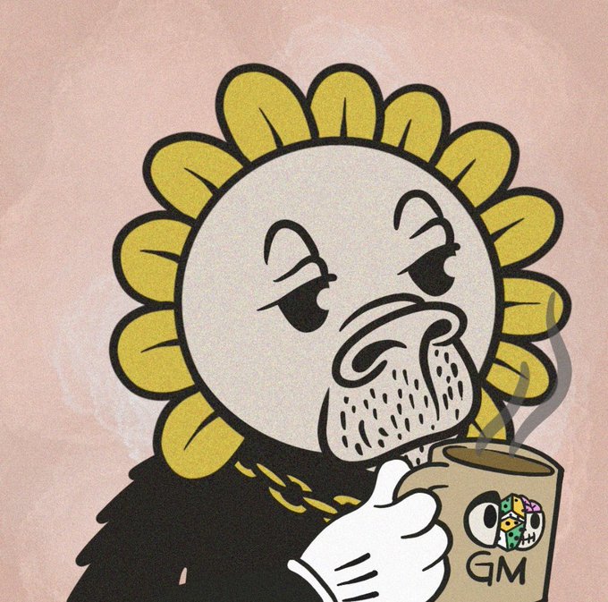 The image features a cartoon character, likely a dog or a bear, wearing a black jacket with gold chains around its neck. It has a mustache and appears to be holding a cup of coffee. The background color is pink, which contrasts with the yellow flower on the character's head. There are also some text elements in the image that read "Maybe if we all GM again then WAGMI." This phrase seems unrelated to the main subject but could potentially be a reference or a joke about the cartoon character from the post.