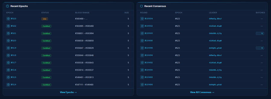 A dashboard displaying 'Recent Epochs' and 'Recent Consensus' data tables with various block numbers and statuses.