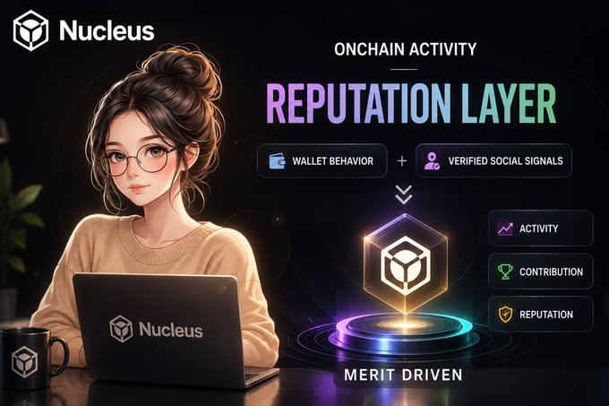 Promotional graphic for Nucleus featuring an illustrated woman at a laptop, highlighting the 'Onchain Activity Reputation Layer' which combines wallet behavior and verified social signals to produce merit-driven activity, contribution, and reputation scores.