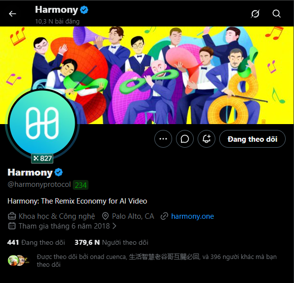 A Twitter/X profile page for 'Harmony' (@harmonyprotocol) with 441 followers, describing itself as 'Harmony: The Remix Economy for AI Video' based in Palo Alto, CA.