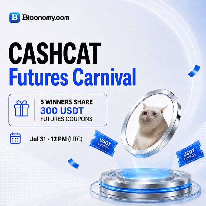 A promotional graphic for Biconomy.com's 'CASHCAT Futures Carnival' event, offering 5 winners a share of 300 USDT futures coupons on July 31 at 12 PM (UTC), featuring an image of a cat.